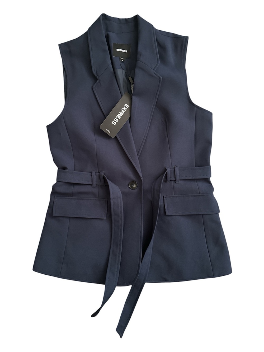 NWT Express Hourglass Vest Navy Blue Belted Tailored Vest Size Small